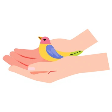 Two human hands gently cradling a small, colorful bird. The hands are positioned in a way that conveys a sense of tenderness and protection. The bird has soft feathers, with vibrant colors such as blue, yellow, and green. The fingers of the hands are slightly curled, providing a secure and comforting hold. The background is softly blurred to emphasize the hands and the bird, highlighting the connection between them. The overall composition captures a moment of compassion and safety for the bird.