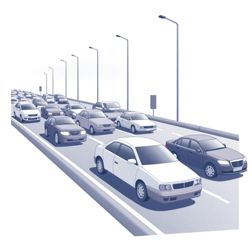 A wide highway filled with numerous vehicles in various sizes and shapes, all closely packed together. The cars display different designs, some are compact while others are larger SUVs or trucks. The perspective captures the long stretch of the road, emphasizing the congestion as vehicles merge and navigate through the traffic. Tall roadside signs and streetlights are visible, adding to the urban setting. The sky above is overcast, enhancing the feeling of a bustling and crowded roadway.