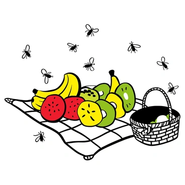 A group of fruit flies hovering around a vibrant display of sliced fruits on a picnic blanket. The fruits include bright red strawberries, yellow bananas, and green kiwis, all artfully arranged. The fruit flies are in various positions, some landing on the fruit slices while others are in mid-flight. A small picnic basket is positioned nearby, partially open, revealing additional fruits and a few crumbs. The scene is lively, capturing the essence of a joyful picnic gathering.