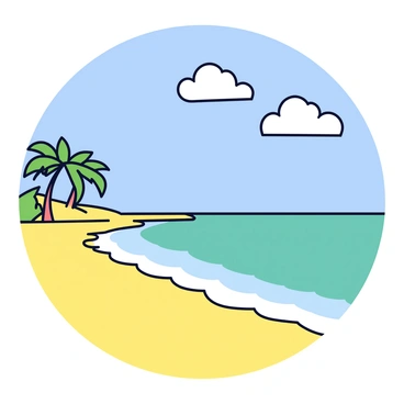 A tropical beach with fine, golden sand stretching across the foreground. The water is a clear turquoise, with gentle waves rolling in and softly lapping at the shore. In the background, there are a few palm trees leaning slightly towards the ocean, their green fronds rustling in the light breeze. The sky above is a bright blue with a few fluffy white clouds scattered across it.