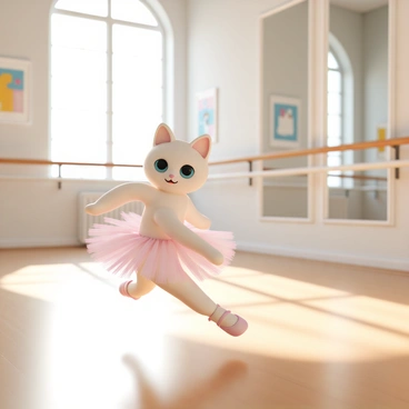A graceful ragdoll cat with soft, fluffy fur and striking blue eyes is dressed in a delicate pink tutu, complete with a matching pink ballet slippers. The cat is leaping elegantly across a wooden floor in a ballet studio, which has large mirrors lining the walls. Sunlight filters through the tall windows, casting a warm glow on the scene. In the background, there are ballet barres positioned against the mirrors, and a few colorful dance posters hanging on the walls, adding to the artistic atmosphere of the studio.