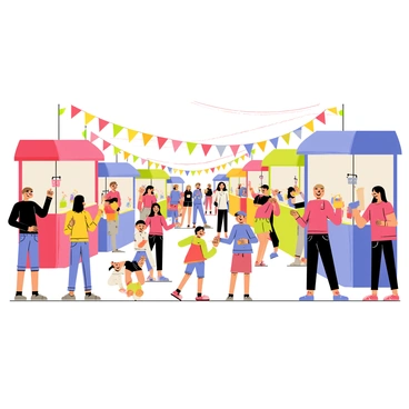A street festival with stalls selling juice boxes, colorful lights, and lively music.