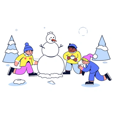 A snowy landscape with soft white snow covering the ground and a few snow-covered trees in the background. In the foreground, two children are building a snowman, stacking large snowballs on top of each other. The snowman has a carrot as its nose and stones for its eyes and mouth. Nearby, another child is crouched down, packing snow tightly into a snowball. Another child is ready to throw a snowball, with a playful grin on their face. The scene captures the joy and energy of a winter day.