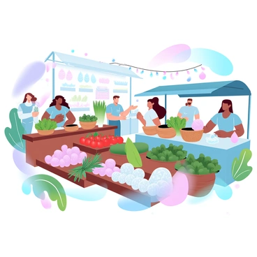 A vibrant farmers market scene filled with a variety of vendors. One vendor is showcasing colorful fresh produce, including bright red tomatoes, crisp green lettuce, and bundles of fragrant herbs arranged on a wooden table. Another vendor has handmade items displayed, such as woven baskets and colorful pottery. The market is bustling with diverse people browsing and interacting with the vendors. Stalls are adorned with strings of lights and colorful banners. A selection of fruits and vegetables in gradient pastel colors fills the scene, creating a lively and inviting atmosphere.