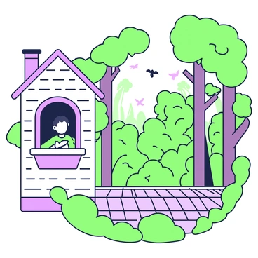 A child is peering out from a treehouse window. The treehouse is made of wood, with a slanted roof and a small balcony. The child has curly hair and is wearing a bright shirt. They are gazing out into a dense forest filled with tall trees, thick foliage, and vibrant greenery. Sunlight filters through the leaves, creating dappled patterns on the wooden floor of the treehouse. The forest beyond is rich with various shades of green, and a few birds can be seen flying between the branches.