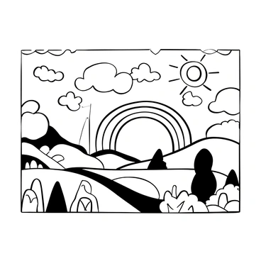 A jigsaw puzzle featuring a landscape with intricate details. The scene includes "large clouds" in various shapes scattered across the sky. There are multiple "rainbows" arching over the horizon, each displaying clear patterns. A "shining sun" is positioned prominently, casting defined rays across the landscape. The foreground has varied "natural elements" such as trees and hills. The pieces of the puzzle are arranged in a way that invites completion, showcasing the vibrant scene.
