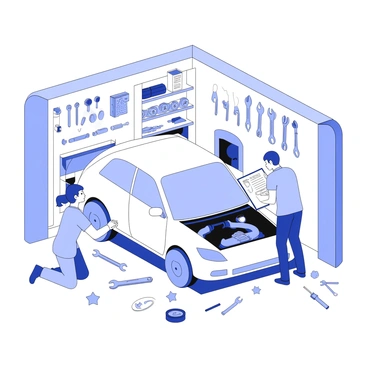 Mechanics working on a car in a busy auto repair garage with tools scattered around