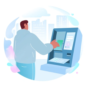 A person is standing in front of an ATM machine, inserting their card into the slot. The ATM has a digital interface displaying options on a brightly lit screen. The person is wearing a casual outfit, including a jacket and jeans. There is a clear view of the cash being dispensed from the machine, with bills visibly emerging from the slot. Surrounding the ATM is a vibrant urban environment with buildings and trees in the background.