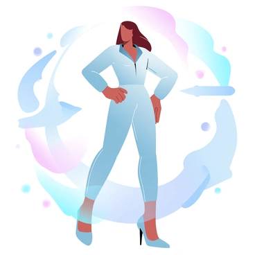 A fashion illustration depicting a model in a sleek, metallic outfit in a futuristic setting
