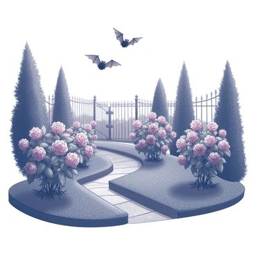 A Victorian garden filled with lush rose bushes, the flowers blooming in intricate patterns. The garden is surrounded by tall hedges and a wrought-iron fence, with stone pathways meandering through the greenery. It is twilight, with a soft, dim light casting shadows among the plants. Several bats, with their wings spread wide, are flying playfully among the rose bushes, creating a sense of motion in the still evening air. The scene captures the elegance of the Victorian era combined with the natural beauty of the garden.