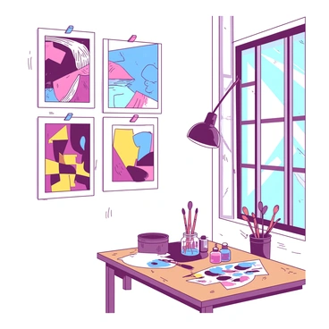 A series of vibrant prints pinned to a white studio wall. Each print features bold and dynamic designs in contrasting colors. The prints are arranged in a grid pattern, some overlapping slightly. The wall's texture is visible, adding depth to the scene. A wooden table is positioned in front of the wall, scattered with art supplies, including brushes and ink bottles. Soft natural light filters in from a nearby window, highlighting the colors of the prints and creating gentle shadows on the wall.