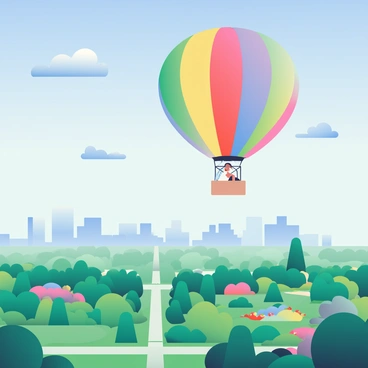 A colorful hot air balloon is soaring high above the lush landscapes of Orlando. The balloon features vibrant panels of red, yellow, green, and blue, creating a striking visual contrast against the clear blue sky. Below, the verdant greenery of parks and trees stretches out, with patches of colorful flower beds visible. In the distance, the skyline of Orlando is faintly visible, with buildings dotting the horizon. A gentle breeze is causing the balloon to float gracefully, while a few fluffy clouds drift lazily through the sky.