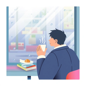 Ayanokoji, a young man with short black hair and sharp features, is sitting at a small table in a cozy cafe. He is dressed in a casual dark jacket and a white shirt. He is holding a steaming cup of coffee in one hand and gazing out of the window. The window is adorned with raindrops streaking down, blurring the view of the wet street outside. Soft lighting from the cafe creates a warm atmosphere around him. A small plate with a pastry sits on the table next to him, and a book is opened, its pages slightly curled, resting next to the coffee cup.