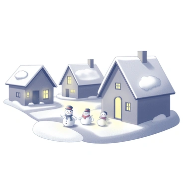 A village with small stone houses nestled within gently rolling hills covered in snow. The houses feature "glowing windows," which emit a warm light, contrasting with the cold white of the snow. Each house has a distinct architectural style, with sloped roofs gently piled with snow. In the foreground, several "snowmen" are placed, each adorned with accessories like scarves and hats, standing cheerfully among the snow. The scene creates a sense of warmth and community amidst the cold winter landscape.