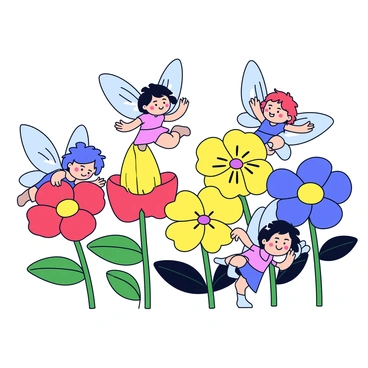 A group of tiny fairies with mischievous grins is playing among a variety of colorful flowers in a garden. Each fairy has delicate, translucent wings that shimmer in the sunlight. The flowers bloom in various shades, including bright reds, yellows, and blues, with green leaves surrounding them. The fairies are engaged in playful activities, such as fluttering around the flowers and hiding behind large petals. The garden is lush and filled with vibrant colors, creating an enchanting atmosphere.