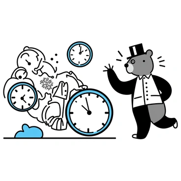 A bear, standing on its hind legs, is wearing a tailored Victorian outfit complete with a waistcoat, top hat, and monocle. The time machine, intricately designed with gears and dials, is at the center of the scene. Surrounding the bear are various clocks, some large and ornate, displaying different times. The background features a mix of classic and steampunk elements, enhancing the overall atmosphere. The bear looks curiously at the clocks as it steps out of the time machine.