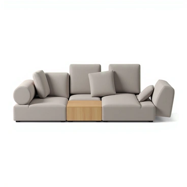 A piece of modular furniture designed with multiple interchangeable sections for customization. The furniture features a sleek, modern aesthetic with a neutral color palette that includes shades of gray and beige. Each section has a smooth finish, showcasing clean lines and geometric shapes. The components can be easily rearranged to create various configurations, such as a sofa, chair, or coffee table. Some sections are upholstered with plush fabric, while others consist of sturdy wooden surfaces. Small decorative elements, like cushions or throw blankets, are placed on top to enhance the overall design.