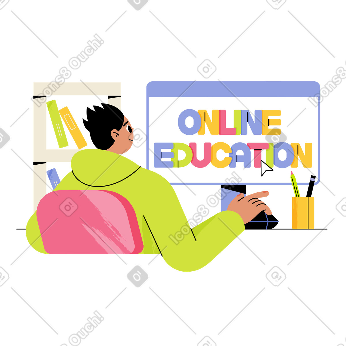 Learner desk with online education message, Digital classroom illustration in Juicy style download in PNG, SVG