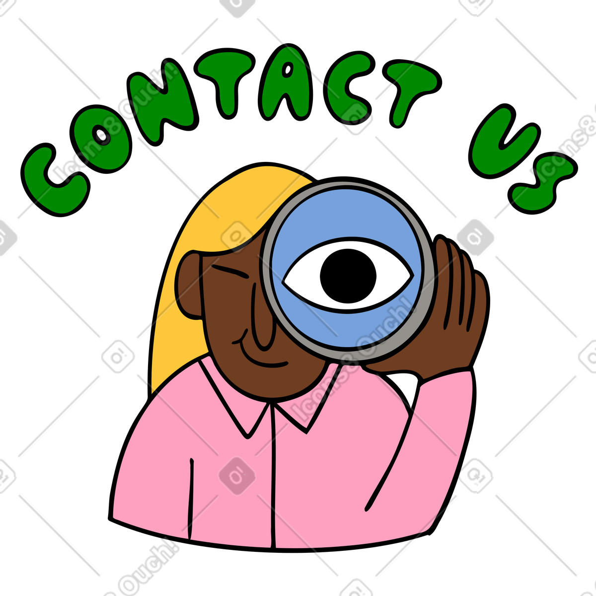 Comic スタイルの Text contact us and woman looking through magnifier のイラストをPNG、SVG形式でダウンロード