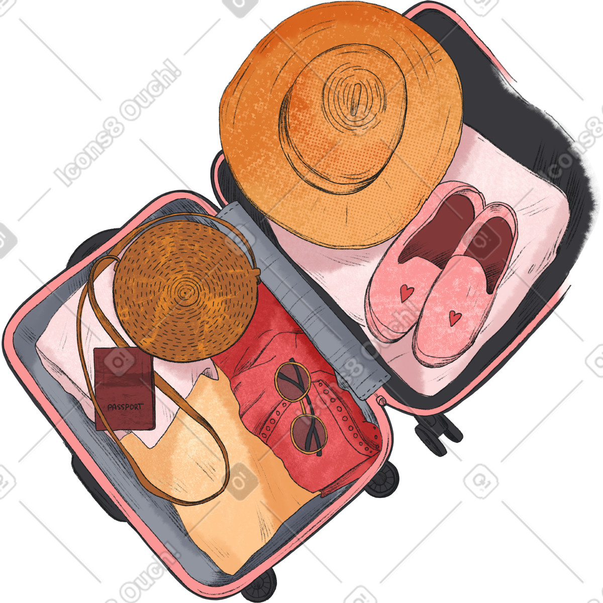 Suitcase with travel items illustration in Moments style download in PNG, SVG