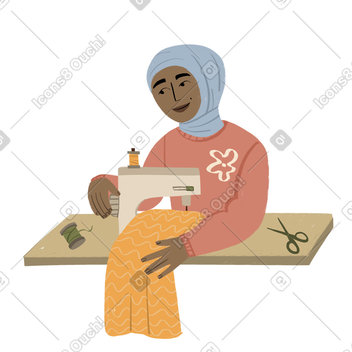 Girl in hijab sewing illustration Lumiere style download PNG, SVG