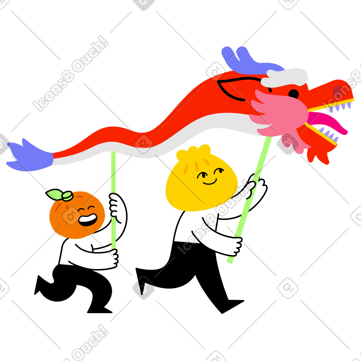 Baozi and tangerine characters carrying dragon puppet, Traditional Chinese festival activity illustration in Giggle style download in PNG, SVG