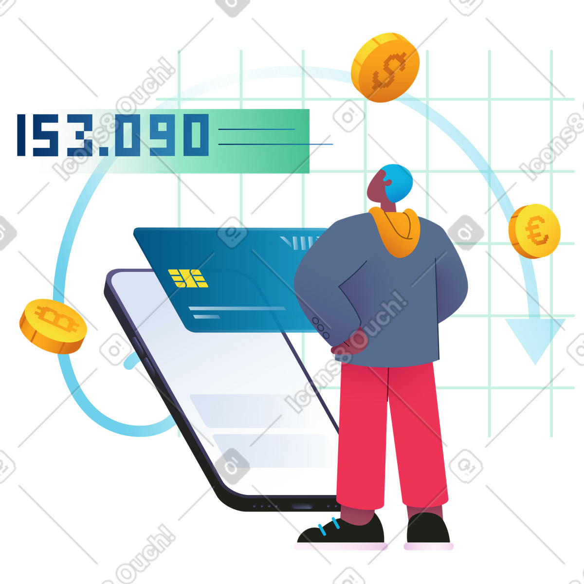 Colors 스타일의 Online finance management, Digital banking and currency transaction 일러스트레이션 PNG, SVG 다운로드