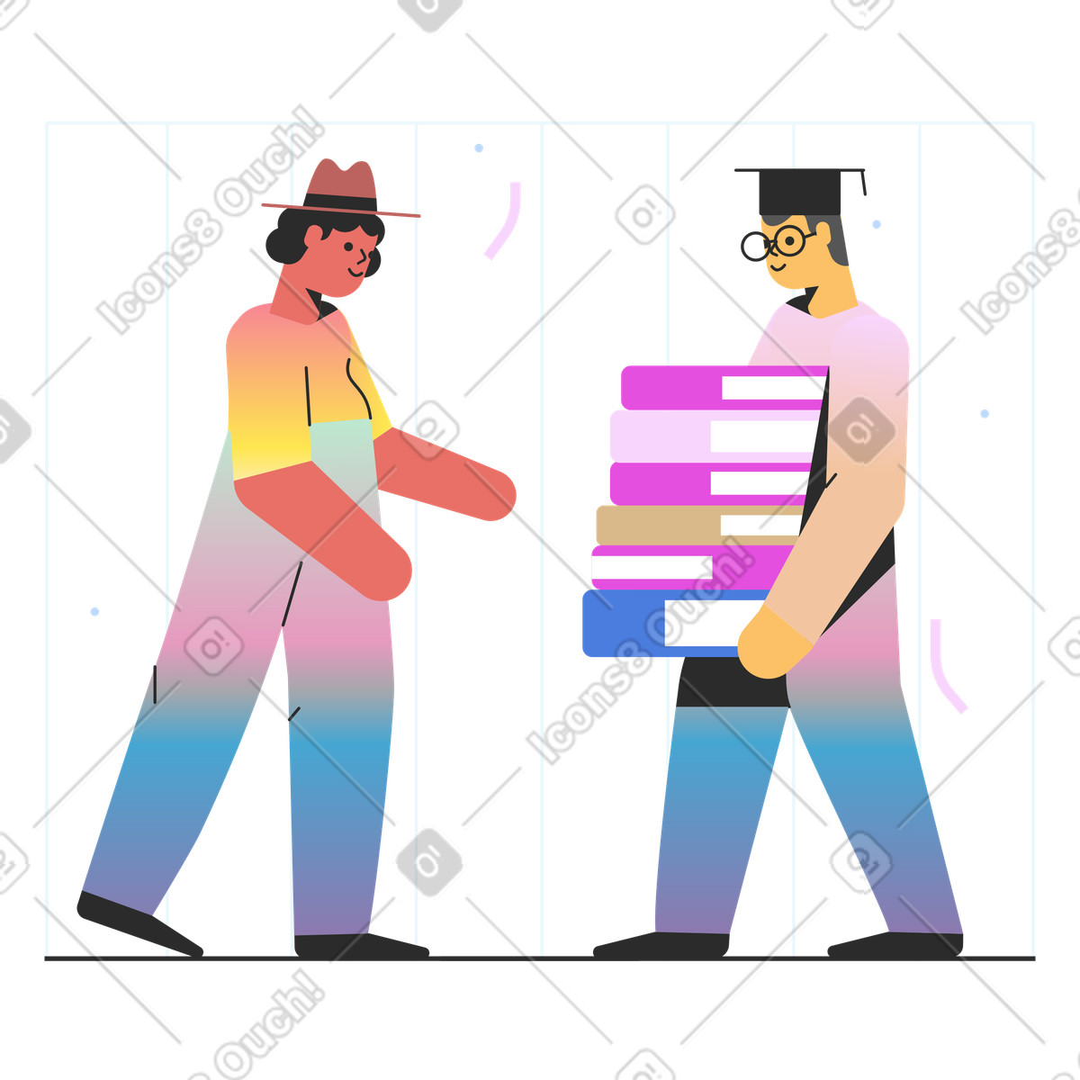 Ilustración Mujer ofreciéndose a ayudar un hombre llevar sus libros en estilo Marginalia descargar en PNG y SVG