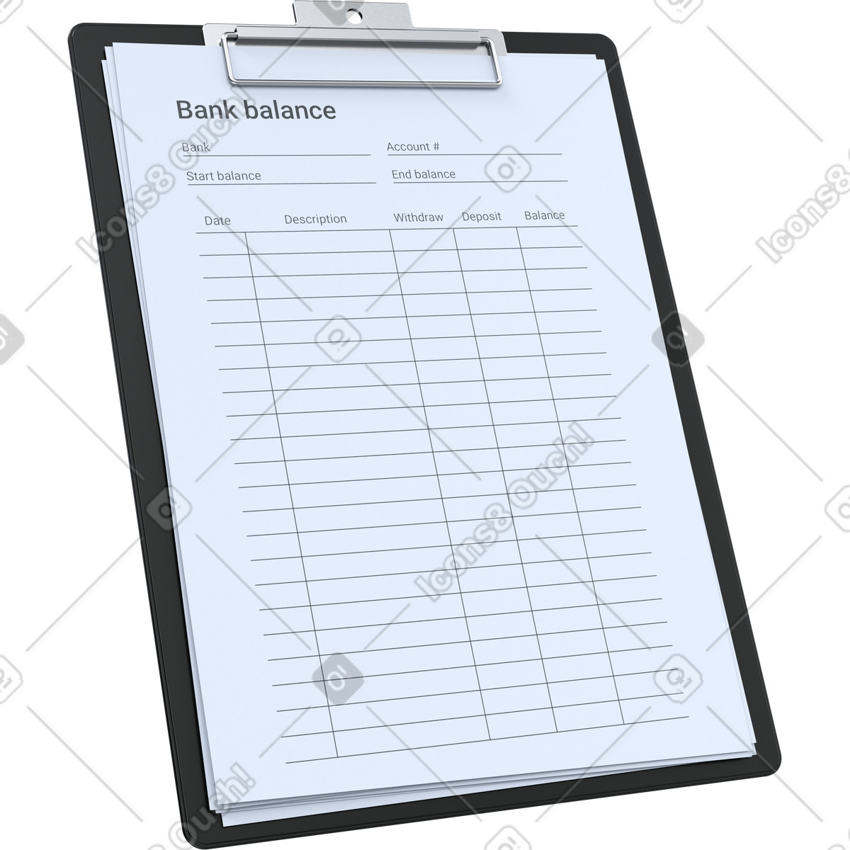 Financial report clipboard, Bank balance form, Accounting audit document illustration in 3D Pro style download in PNG, SVG