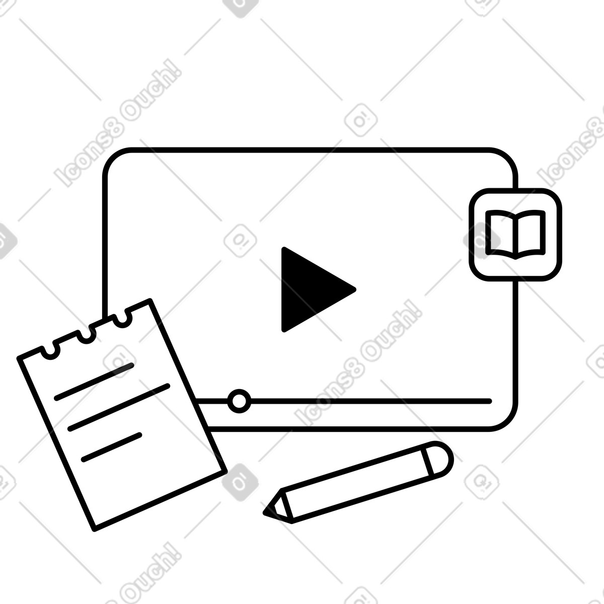 Notion Line Art スタイルの Notebook and pencil beside online course video player book icon のイラストをPNG、SVG形式でダウンロード
