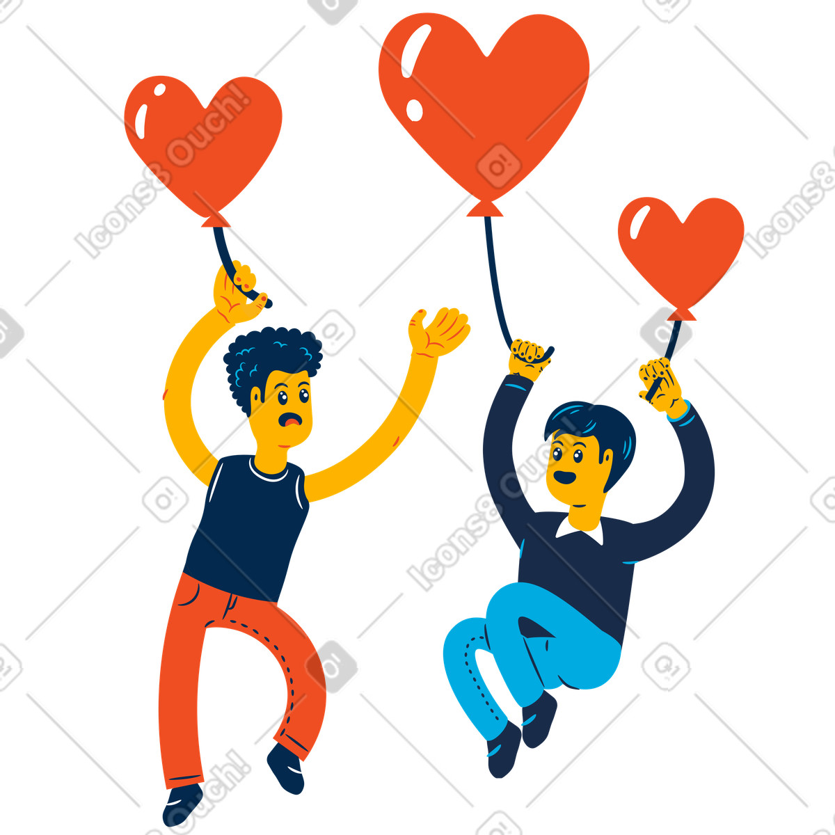 Gay couple floating with heart balloons, Romance or affection illustrazione in stile Flame scarica in PNG, SVG