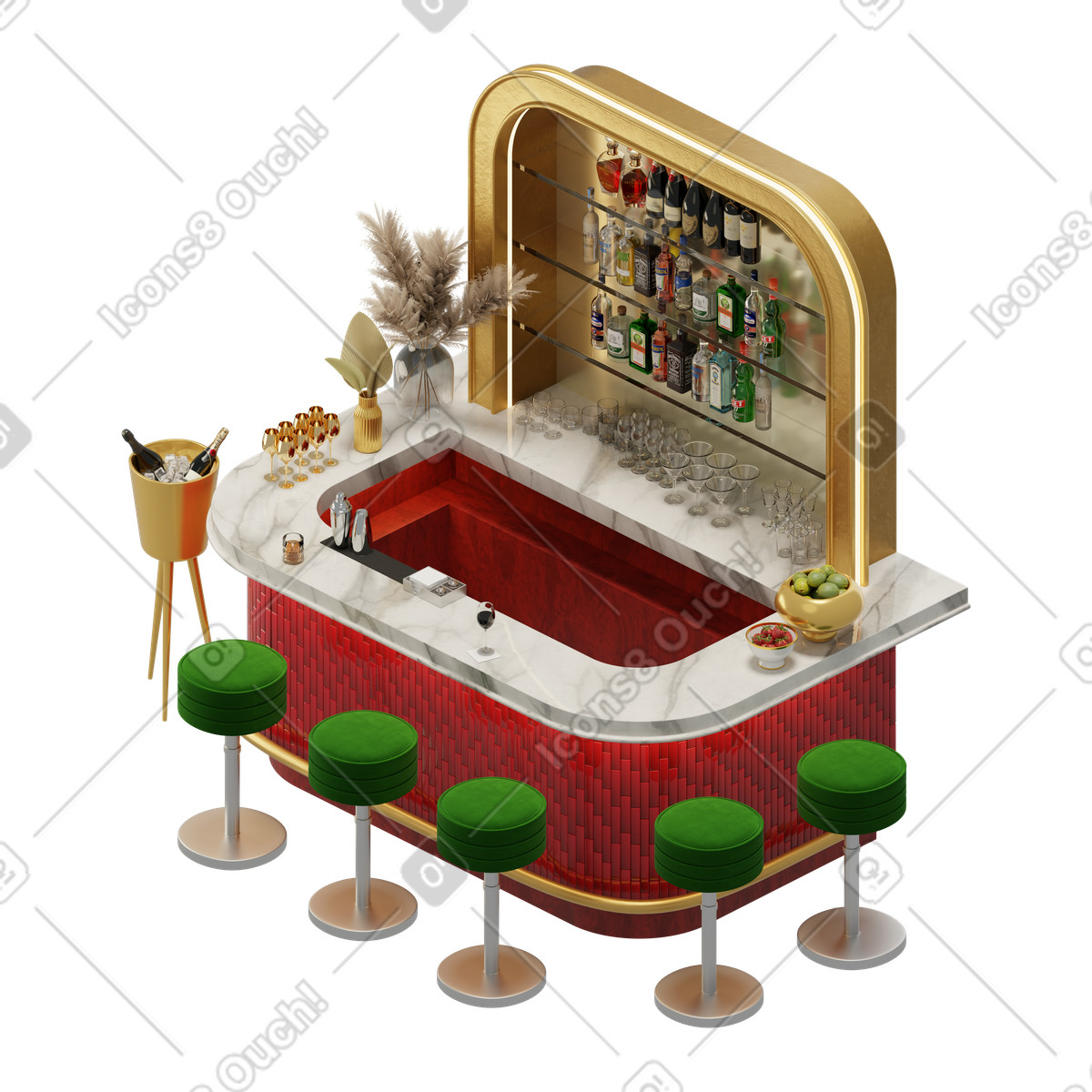 Ilustración Barra isométrica con taburetes de bar en estilo 3D Rooms a descargar en PNG y SVG
