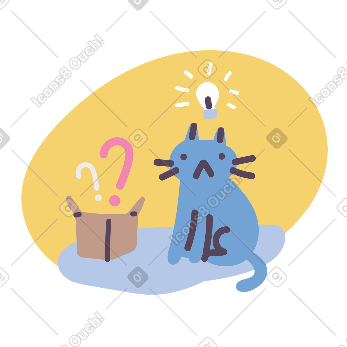 Ilustración A cat se le ocurre una idea para resolver un problema que salió de caja en estilo Pluto descargar en PNG y SVG