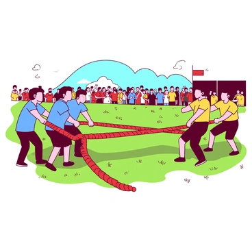 A red tug of war rope made of various multilingual words extends between two teams. On one side, there are four individuals dressed in blue shirts, straining as they pull with all their might. On the opposite side, three individuals in yellow shirts are equally determined, their muscles tensed as they exert force on the rope. The background features a grassy field, where spectators can be seen cheering in the distance. The sky above is clear and bright, adding to the lively atmosphere of the game.