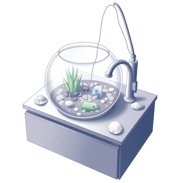 A unique bathroom sink designed to resemble a fishbowl. The sink is round and transparent, showcasing various aquatic decor items inside, such as small pebbles, artificial aquatic plants, and perhaps a small ceramic fish. The faucet is integrated into the design, resembling a fishing rod, extending gracefully over the bowl. The sink is mounted on a wooden vanity with a smooth finish, complementing the overall theme of the aquatic environment. The surrounding area includes decorative elements like seashells, adding to the underwater aesthetic.