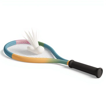 A colorful badminton racket with a vibrant design, featuring a mix of blue, green, and yellow hues. The handle is wrapped in black grip tape, providing a contrast to the bright colors of the frame. A white shuttlecock is resting on the strings of the racket, its feathers perfectly arranged. The background is softly blurred to highlight the detailed texture of the racket and the shuttlecock.