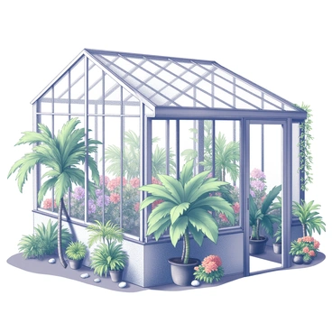 A greenhouse with glass panels allowing sunlight to filter through. Inside, numerous plant species are arranged in various sizes and shapes, showcasing their lush greenery. There are tall palm trees with broad fronds alongside smaller ferns with delicate leaves. Vines climb up the structure, intertwining with the beams and draping downwards. Colorful flowers bloom throughout, with forms ranging from large blossoms to tiny petals. The ground is covered with a rich layer of soil and decorative stones, adding texture to the environment.