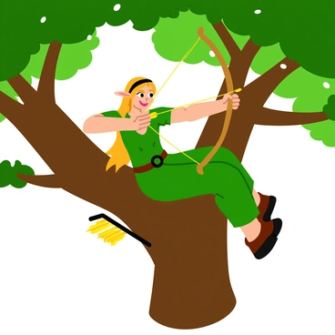 An elven archer with pointed ears and long flowing hair is perched gracefully on a thick tree branch. The archer is dressed in green and brown garments that blend seamlessly with the forest surroundings. In their hands, they are drawing back a "glowing bowstring" that emits a soft, magical light. The archer's focused expression conveys determination, while the leaves of the tree sway gently around them. Sunlight filters through the canopy above, casting dappled light on the scene. A quiver of arrows rests at the archer's side, each arrow tipped with a faint shimmer.