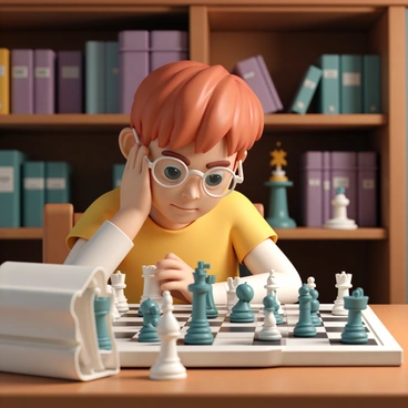 A boy with red hair, wearing round glasses, is focused on playing a game of wizard's chess. He is seated at a wooden table, with a chessboard in front of him, featuring various magical chess pieces mid-game. His expression shows concentration as he glances at a thick strategy guide, which is open and placed on the table next to him. The background features bookshelves filled with various spellbooks and magical artifacts. The lighting is warm, illuminating the game and the boy’s thoughtful demeanor.
