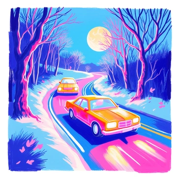 A ghostly car chase unfolds on a foggy road illuminated by moonlight. Two spectral cars, faintly shimmering, race past each other, their headlights piercing through the thick mist. The road is bordered by tall, bare trees with twisted branches that reach out like skeletal fingers. The fog rolls along the ground, swirling around the cars and creating an eerie atmosphere. In the background, the full moon casts a pale glow, enhancing the mysterious setting of the chase.
