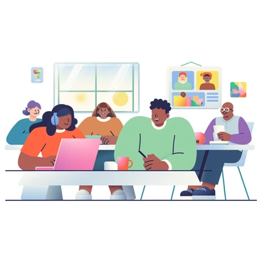 A diverse group of five international students is engaged in an online class. In the foreground, a South Asian woman with long black hair is sitting at her desk, looking intently at her laptop screen. She has a notebook and a pen in front of her. Next to her, a young Black man with short curly hair is wearing headphones and smiling, participating actively in the discussion. On the other side of the table, a Hispanic woman with wavy brown hair is taking notes, while a Caucasian man with glasses is typing on his keyboard. In the background, a window reveals a sunny day outside, and there are colorful posters on the wall that showcase different cultures. Each student is surrounded by their personal study items, such as coffee mugs and books.