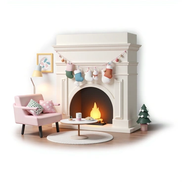 A cozy living room featuring a large fireplace with a detailed mantel. The mantel is decorated with colorful "jingle bells" and neatly hung "stockings" in various patterns, creating a festive atmosphere. A warm fire is crackling in the fireplace, casting a soft glow across the room. The walls are adorned with "holiday-themed art," and a plush rug lies on the wooden floor. A comfortable sofa, covered in festive cushions, is positioned nearby with a small coffee table in front, displaying a "cup of hot cocoa" and a "plate of cookies." Warm lighting from a nearby lamp adds to the inviting ambiance.