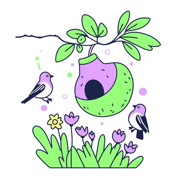 A birdhouse hanging from a sturdy branch in a vibrant garden. The birdhouse is shaped like a jackfruit, featuring a textured, bumpy exterior with hints of curvature. Green leaves surround the birdhouse, providing a natural setting. Below, colorful flowers bloom in various shapes, while a few small birds flit around the area, curiously approaching the jackfruit-shaped home. Soft sunlight filters through the leaves, casting gentle shadows on the ground beneath.