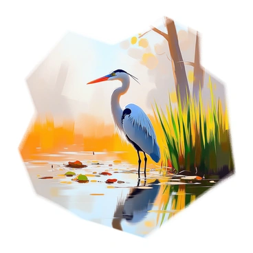 A heron with elegant feathers stands tall among the lush green reeds in a tranquil wetland. Its sharp beak is poised above the water, as it patiently watches for movement below the surface. The surrounding wetland is dotted with various aquatic plants and a gentle ripple of water reflects the soft light. In the background, a few trees create a subtle frame, enhancing the peaceful ambiance of this natural setting.