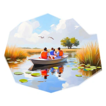 A guided boat tour is taking place on a calm day, with a small, wooden boat gliding smoothly through the winding channels of a delta. The boat is filled with tourists, each wearing colorful life jackets, and they are eagerly looking at the surrounding scenery. Tall grasses and reeds frame the channels, swaying gently in the breeze. Birds can be seen flying overhead, while lily pads float on the water's surface. In the distance, a cluster of trees marks the edge of the delta, their reflections mirrored in the calm water. The sky is clear, with a few fluffy clouds scattered above.