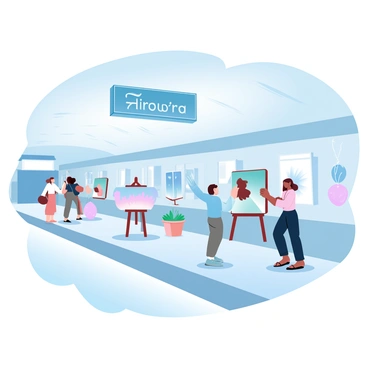 An underground art exhibit is taking place in a converted subway station. The walls of the station are adorned with vibrant murals created by local artists. Various art pieces, including paintings and sculptures, are displayed on easels and tables throughout the space. Soft lighting highlights the artwork, casting gentle shadows across the platform. Visitors can be seen admiring the artwork while a large subway sign hangs above, adding to the unique atmosphere of the location.