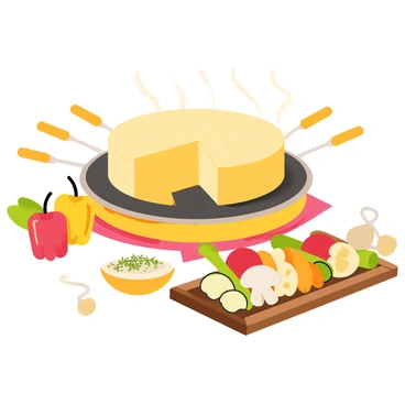 A raclette setup featuring a large round cheese wheel melting over a portable grill. Surrounding the cheese are various colorful vegetables including sliced bell peppers, zucchini, mushrooms, and cherry tomatoes arranged neatly on a wooden platter. A small bowl of herbed dipping sauce sits beside the vegetables. The scene includes several raclette spatulas ready for use, with a warm, inviting atmosphere created by soft, ambient lighting.