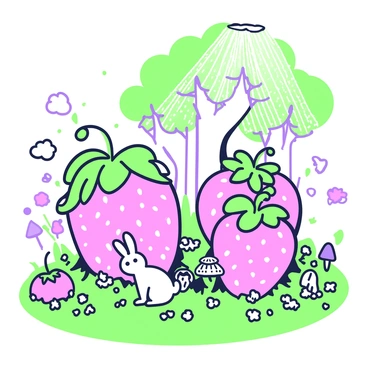 A whimsical forest filled with oversized strawberries towering like trees. The strawberries are vibrant and plump, with lush green leaves sprouting from their tops. The ground is carpeted with smaller wildflowers and mushrooms, adding to the enchanting atmosphere. In the background, there are other unusual plants and fantastical creatures, such as a small rabbit peeking from behind a giant strawberry. Sunlight filters through the canopy of the towering strawberries, creating a magical play of light and shadows on the forest floor.