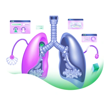 A set of 3D robotic lungs with metallic textures and moving parts