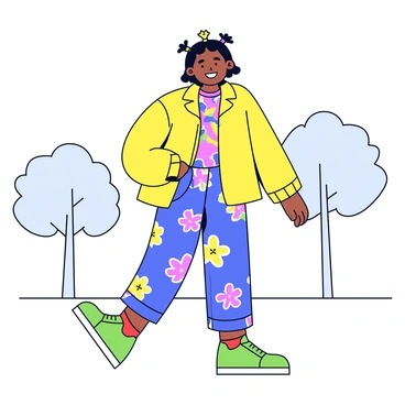 A person walking down a street. The individual is wearing a bright yellow oversized jacket with a patchwork design. Beneath the jacket is a patterned shirt featuring vibrant geometric shapes. The pants are loose-fitting and covered in a whimsical floral print. Their shoes are mismatched, one a bright green sneaker and the other a red high-top. The person’s hair is styled in a playful manner with various colorful clips. They are smiling as they walk, surrounded by a few simple trees lining the street.